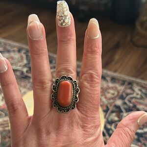 Elegant Vintage Silver and Coral Sterling Silver Ring. Size 6-7!!!!